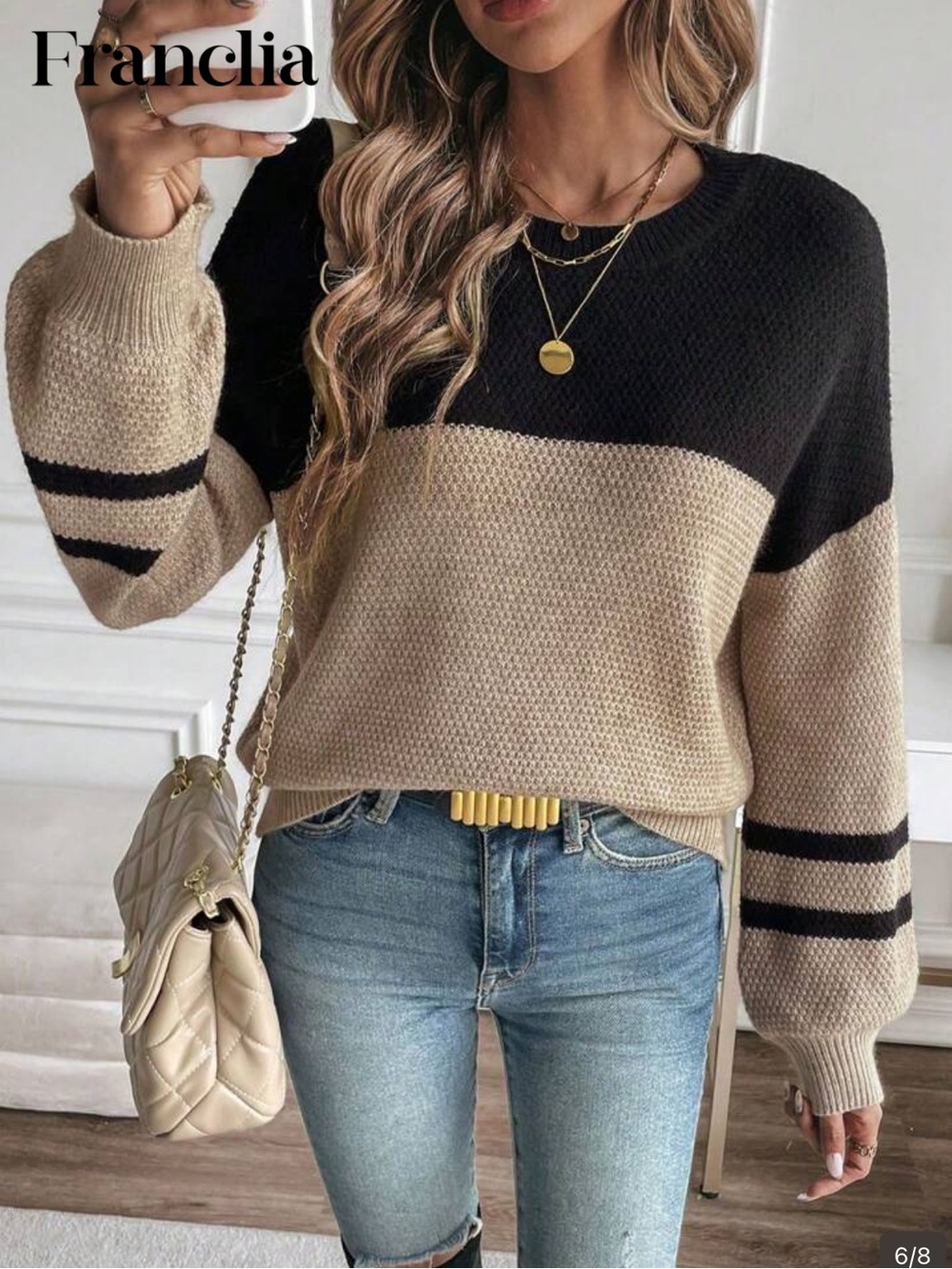 SHEIN Beige and Black Colorblock Crewneck Sweater